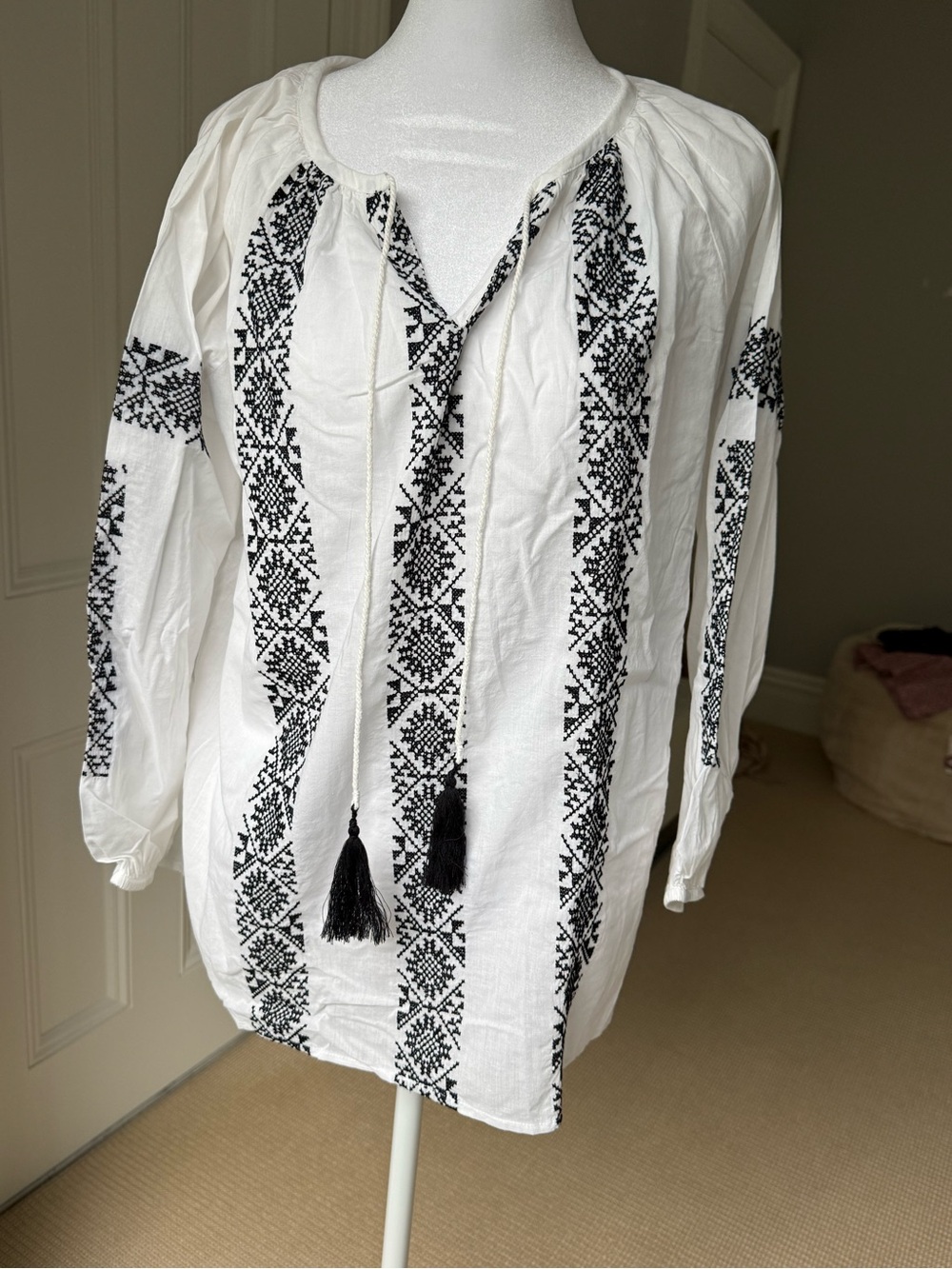Embroidered Peasant Blouse with Tassel Tie - White/Black - NWT